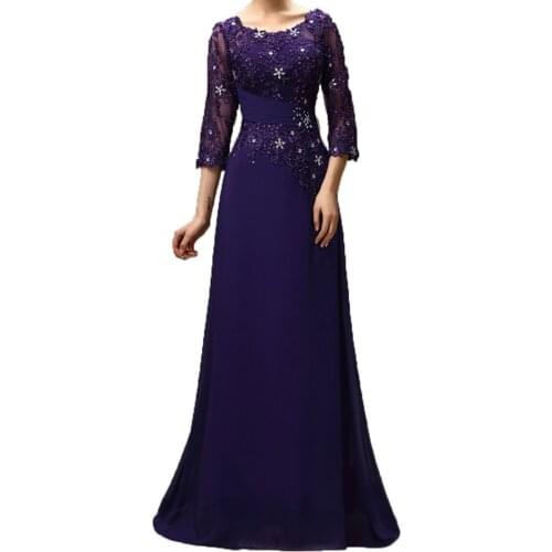 2020 purple long Mother Of The Bride Dresses plus size A-line 3/4 Sleeves Chiffon Lace Beaded Long Elegant Groom Mother Dresses