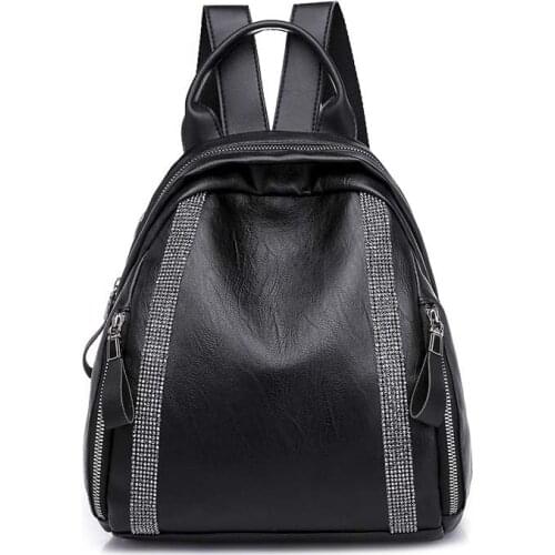 3PCS / LOT New Women PU Backpack All-match Rhinestone Decor Soft Leather Female Fashion Leisure Travel Daypack Backpack