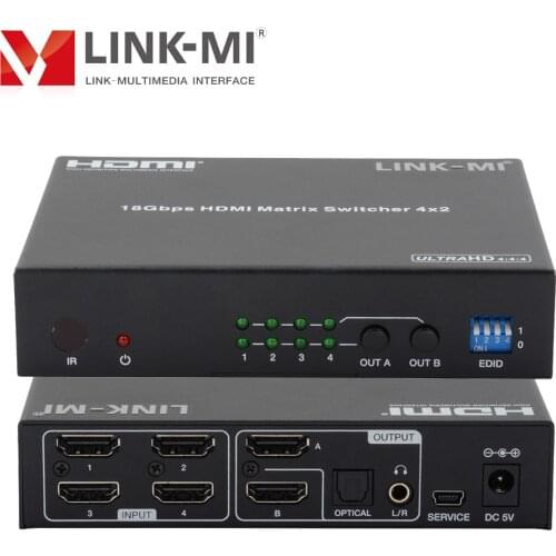 LINK-MI 4x2 HDMI 2.0 Matrix 4K2K@60Hz (4:4:4) Support ARC EDID HDR Panel Button/ IR Remote Control 4 in 2 out HDMI Switcher