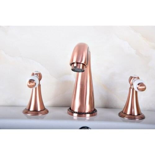 Antique Red Copper Double Ceramic Handle Deck-Mount Three Hole Widespread Bathroom Bathtub Basin Faucet Sink Mixer Tap drg077