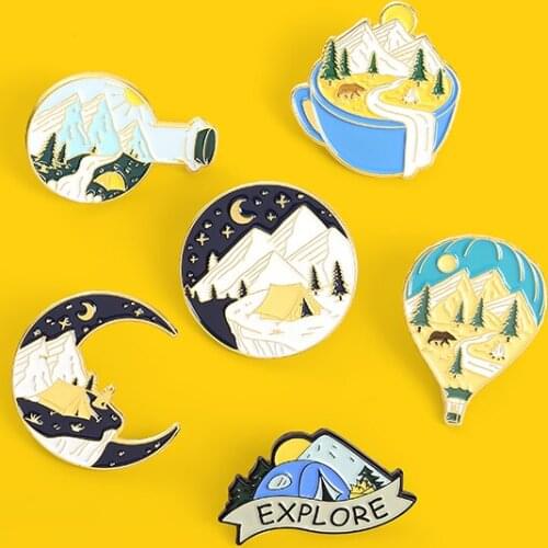 Scenery Inside The Cup And Bottle Enamel Pins Moon Pattern Camping Sign Present Badges Brooches Jewelry Friends gift Wholesale