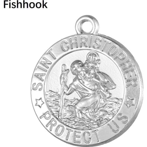 Fishhook 20pcs/lot St.christopher religious pendants for making Gold And Silver Color Round Charm for Necklace Jewelry Gift