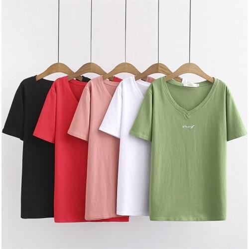 2020 Oversize women summer short sleeve t-shirt cotton candy-colored embroidery v-neck tees plus size 4XL casual tops lady 3391
