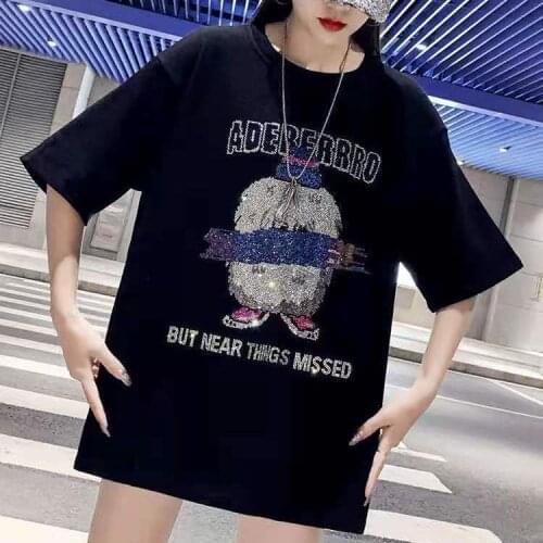 Hot Rhinestone Diamonds T-shirt Womens Mid-sleeve 2021 New Summer Loose Mid-length Letter Print Shirts Woman Tshirts
