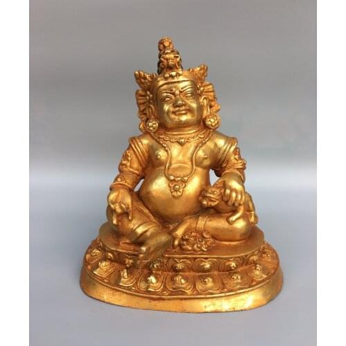 7"Chinese Folk Collection Old Bronze Gilt Huang Caishen Yellow God of Wealth Buddha Statue Ornaments Town House Exorcism