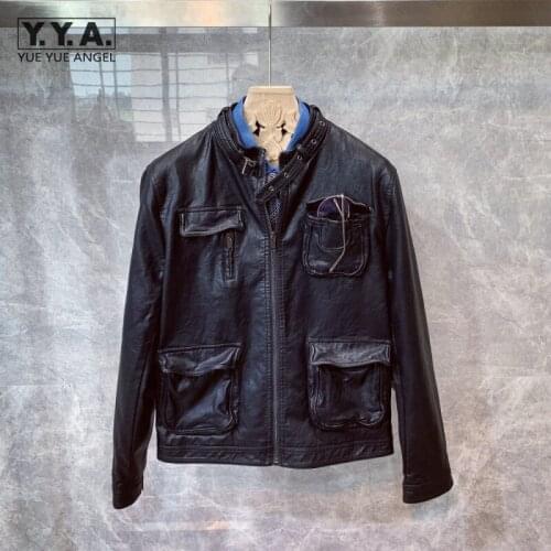 British Style Faux Leather Mens Jacket Stand Collar Zip Multi-Pocket Pu Leather Motorcycle Biker Coat Streetwear Punk Jacket Men