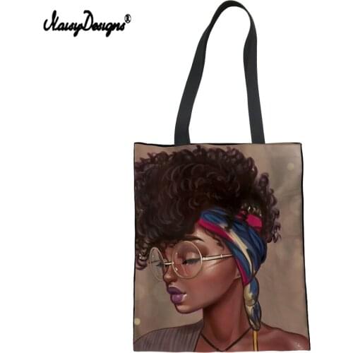 NOISYDESIGNS New Art Black Girls Print Storage Handbag Folding Recycle Supermarket Shopping Bag Reusable Fruit Vegetable Pouch