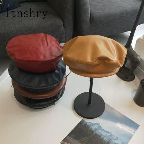New Beret Cap Fashion Women Casual PU Leather Beret Hat For Women Autumn Winter Retro Beanie Caps Hot Solid color
