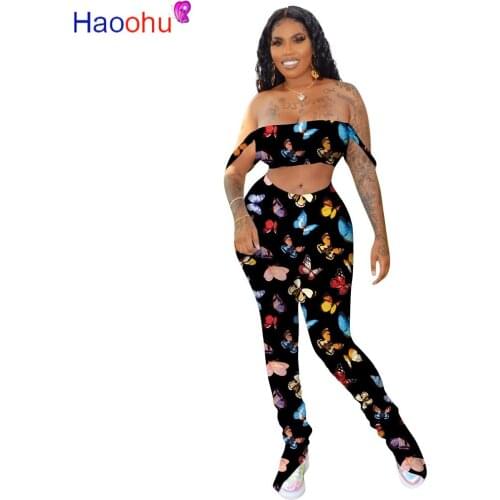 HAOOHU Sexy butterfly Print Two Piece Pant Set Outfits Women Off The Shoulder Top And High Waist Long Legging Suits Overalls