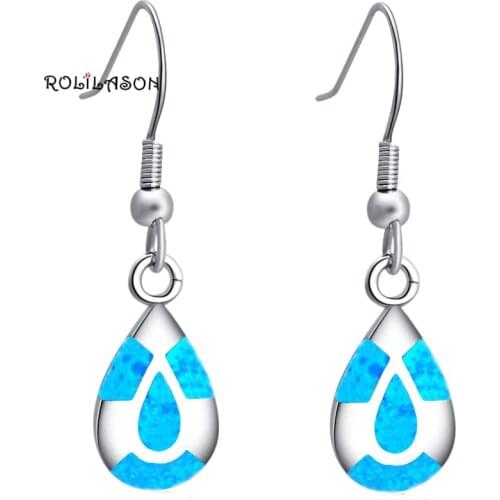 ROLILASON Designer Lowest Price Top Sell Blue Fire Opal Silver 925 Drop Earrings Fashion Opal Jewelry OES653 for Girl Gift