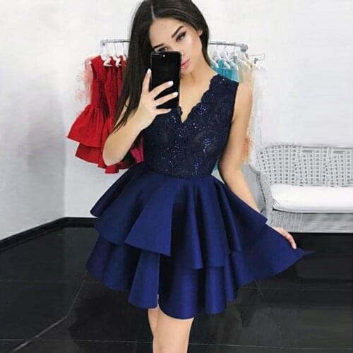 Luxury Navy Blue Homecoming Dresses Applique Sequins Short Cocktail Dress Ruffles Prom Party Gown Vestidos De Fiesta 2020