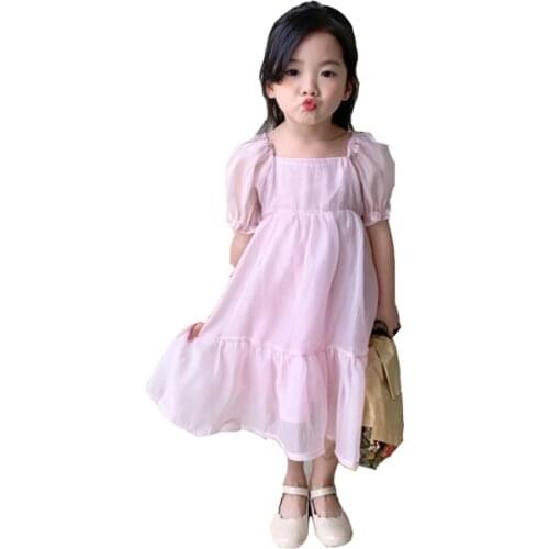 Pink Tulle Princess Dresses for Girls Mesh Long Dress Light Short Sleeve Casual Elegant Dress Korean Children Dress for Girls