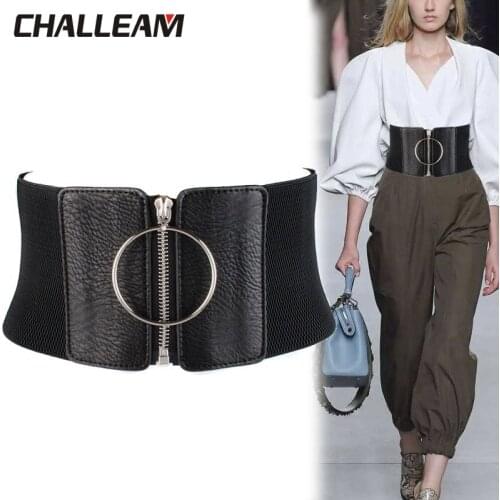 Wide Womens Belt Large Metal Ring Bodysuit Coat Sweater Black Elastic Ladies Leather Belt 343