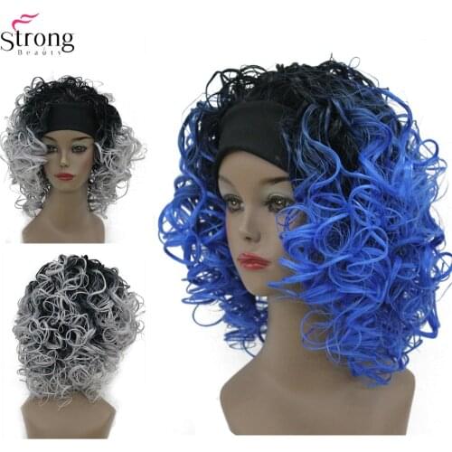StrongBeauty Synthetic Wig Ombre Blue/Gray Medium Length Curly Hair Womens Headband Wigs