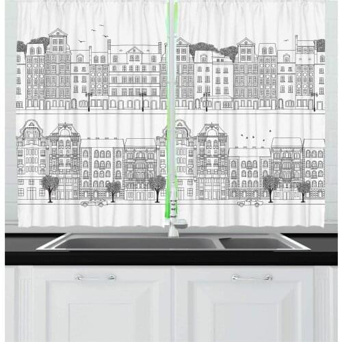 Charcoal Grey and White Budapest Kitchen Curtains Hand Drawn Pencil Sketch of 2 City Silhouettes Urban Outdoor Scene for Kitchen