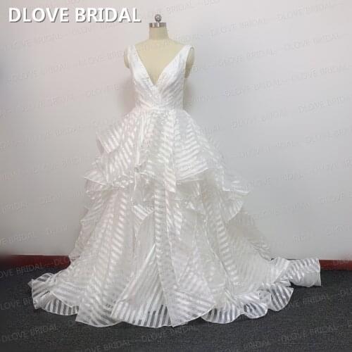 Unique V Neck Wedding Dress Ruffles Skirt Backless Bridal Gown DLOVE BRIDAL New Collection Real Photos