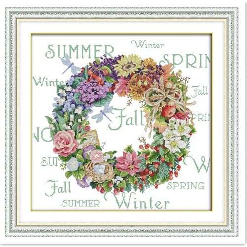 Wreath of All Seasons (5) DIY Set 11CT Printed On Canvas Home Decor DMC Cross Stitch Fabric Chinese Counted Cross Stitch Pattern