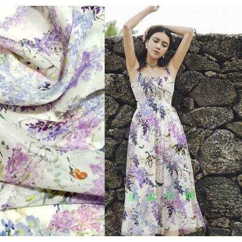 High Quality Purple Flowers Printed Silk Satin Cotton Fabric For Dress Shirt Cloth Scarf Tissus Coton Crepe Silk Fabric Telas