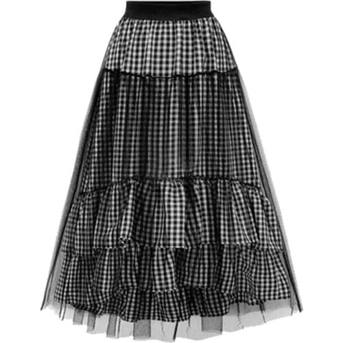 Womens Black Mesh Maxi School Skirt Beach Female Skirts 2021 New Summer Autumn Plaid Pleated Skirts Women High Waisted Long