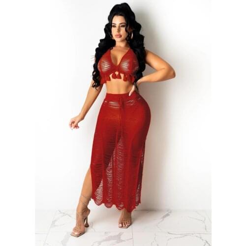 Women Sexy 2 Piece Outfits Beach Cover Up Crochet Mesh Hollow Out Backless Tassel Bikini Top Side Slit Maxi Skirt Set Beachwear