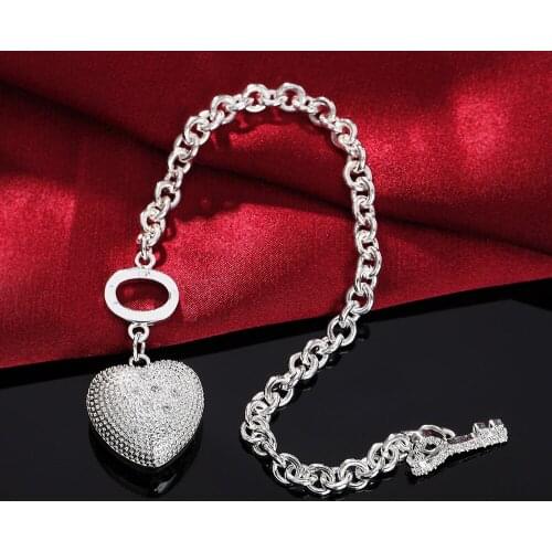 New noble 925 sterling silver Pretty Crystal heart key bracelet for woman Wedding party Christmas Gifts fashion fine Jewelry