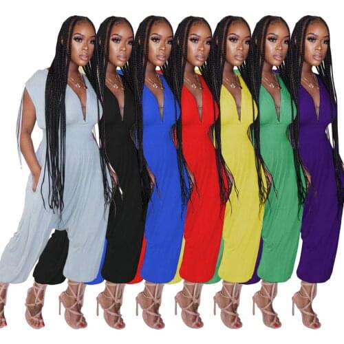 Echoine New Women Solid Color V-neck Haren Short Sleeve Jumpsuits Rompers Fitness Loose Sexy Night Club Party One Piece Outfits