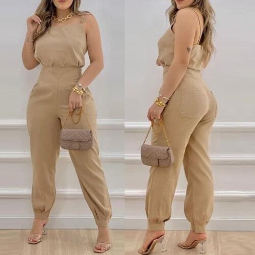 2021 Summer Women Sexy Two Piece Suit Sets Solid Color Spaghetti Strap Sleeveless Top & Pocket Design Casual Pants Sets