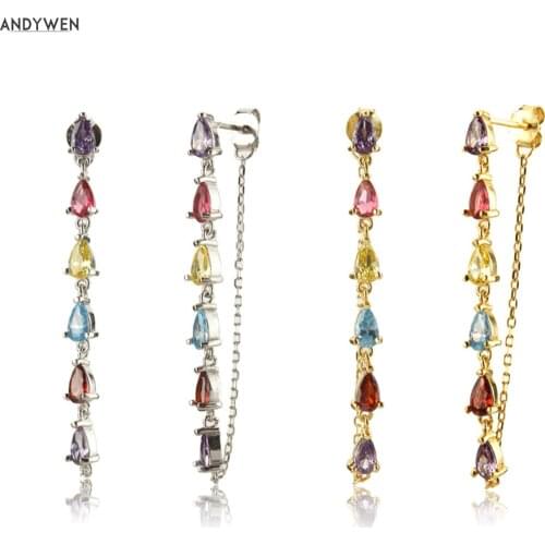 ANDYWEN 925 Sterling Silver Gold Colorful Ovals Zircon CZ Chain Stud Earrings 2020 Long Line Crystal Piercing Ohrringe Pendiente