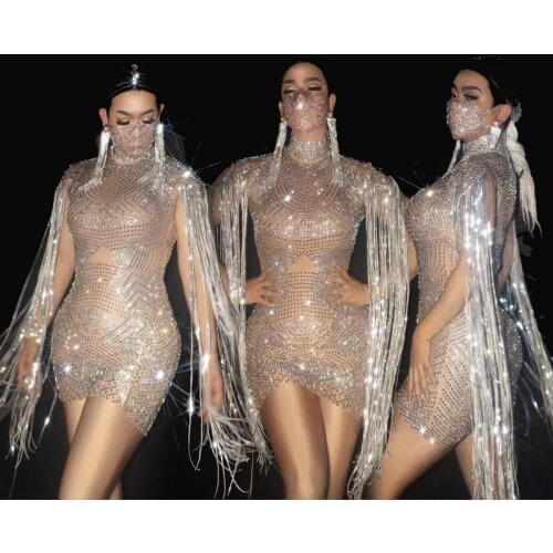Flashing Silver Full Stones Fringed Shining Short Dress Pole Dance Set Novelty Outfit Women Birthday Celebrate Prom Wear XS1344