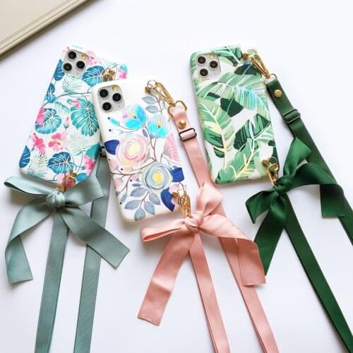 Plating Floral Plant Strap Cord Chain Lanyard Case For Samsung Galaxy S21 S20 FE Ultra S10 S9 S8 Note 20 10 9 Plus TPU BackCover