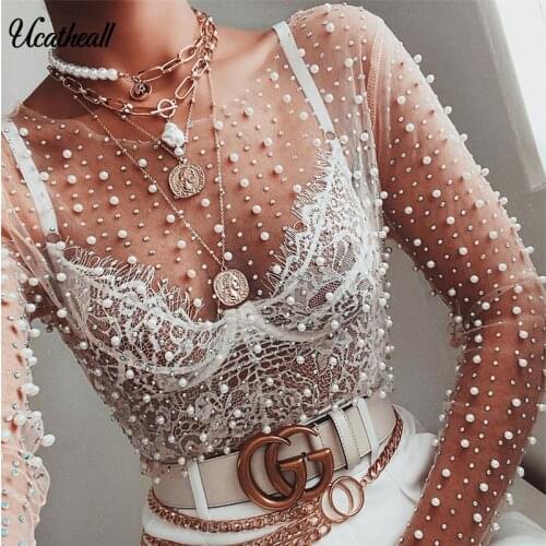 New Mesh Women Mesh Sheer T Shirt See-through Long Sleeve Top Shirt Pearl Transparent Short T-Shirt Female Blusas