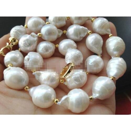 Classic 12-15mm natural baroque Australian white pearl necklace 18 inch 36" Yellow clasp