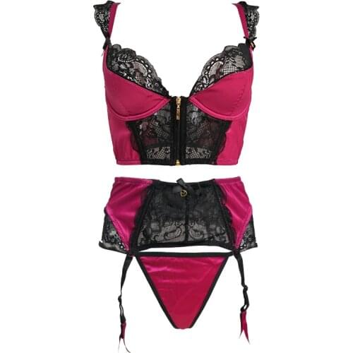 Lace Satin Sexy Zipper Underline Bra Thong Garter Belt 3pcs Set for Women Lingerie Vogue Female Underwear Sexy Lingerie BRS001