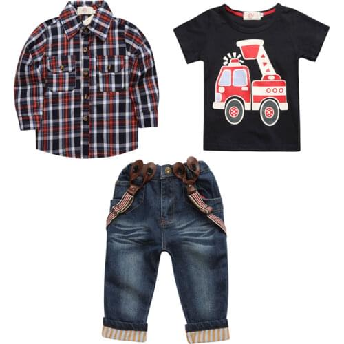 3 PCS Suits Children Clothing Boys Set Gentleman Style Kids Boys Clothes Sets Plaid Shirt+Car T-shirt+Jeans Children Boys Sets