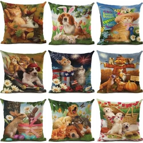 Cute Cat Dog Animal Pattern Pillowcase Decorative Pillows For Sofa Seat Cushion Cover Linen Throw Pillow Case Cover Home Decor