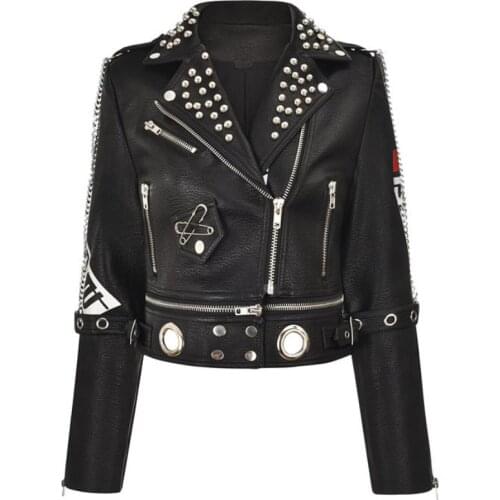Plus Size Rivet Beading Women PU Leather Jacket Punk Style Motorcyle Short Slim Faux Leather Coats Streetwear Autumn 2021 New