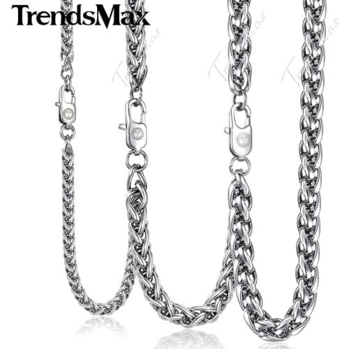 Trendsmax Braided Wheat Link Necklace for Men Stainless Steel Chain Silver Color 3-10mm KKNM158