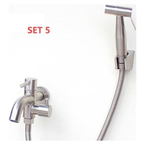 Set 5 Toilet Flusher Stainless Bidet Sprayer Spray Enhanced pressure Hand Shower Set + Shower hose + wall bracket