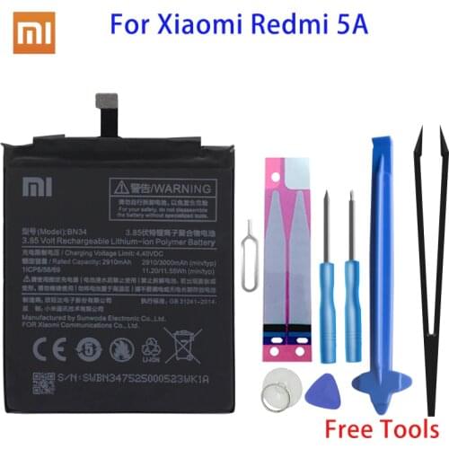 Xiao Mi Original Phone Battery BN34 For Xiaomi Redmi 5A 5.0" Replacement Battery 2910mAh High Capacity Phone Batteries + Tools