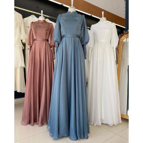 Chiffon Appliques Long Sleeve Muslim Prom Dress High Neck A Line Saudi Arabic Evening Formal Party Gowns платье robe de soirée