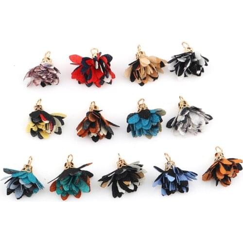 DoreenBeads Fashion Zinc Based Alloy & Fabric Tassel Pendant Flower Gold Colorful Print DIY Charms 18 x16mm- 17mm x13mm, 20 PCs