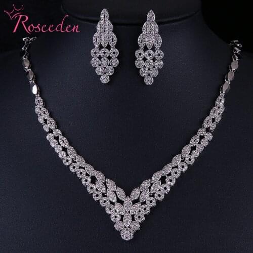 Clear Cubic Zirconia Bride Necklace Earrings Sets CZ Zircon Wedding Jewelry Sets for Brides RE4293