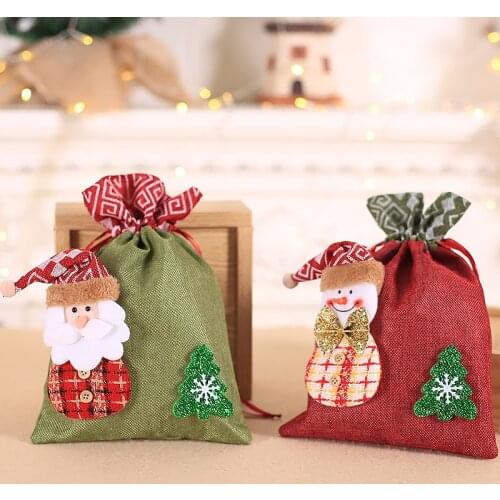 Christmas Linen Gift Bag Home Decoration Santa Claus Snowman Dolls New Year 2022 Festival Ornaments Kids Toys 20*30cm 1pc