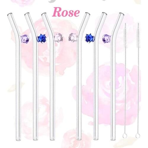 Rose Glass Straws Clear Bent Drinking Straws, 20cm X 8mm Set of 6 with 2 Cleaning Brushes, Eco Friendly, BPA Free, Very Sturdy