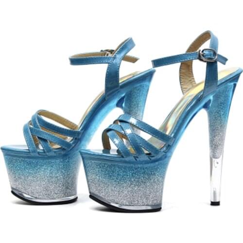 Pure blue seduction rivets decorated with buckle super high heels, 15cm heels sandals, stage show womens dancing shoes