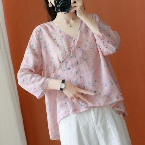 Traditional Chinese Style Clothing Women Casual Irregular Hem Blouse Cheongsam Top Blusas Button Down Front Plus Size Tops 12146