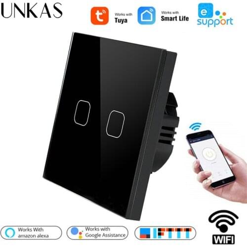 UNKAS Tuya / Smart Life / Ewelink 2 Gang 1 Way WiFi Wall Light Touch Switch For Google Home Alexa Voice Control Glass Panel