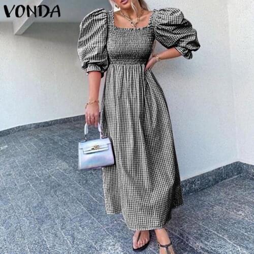 Party Dress VONDA 2021 Women Vintage Plaid Long Dresses Bohemian Vestidos Oversize Casual Half Sleeve Square Collar Sundress