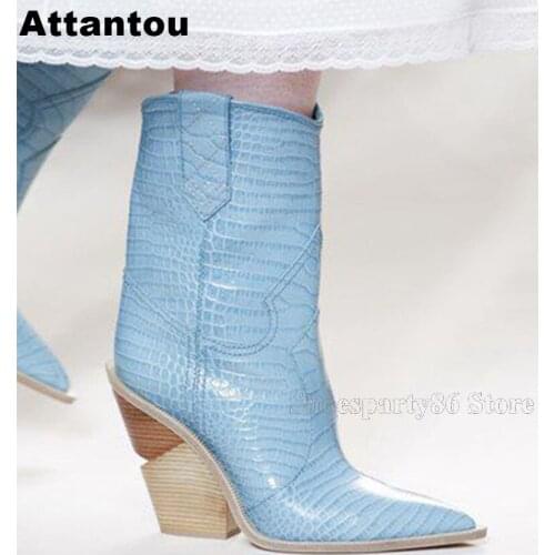 Fashion Real Leather Abnormal Strange Heeled Winter Boots Women Pointed Toe Runway Wedged Short Boots