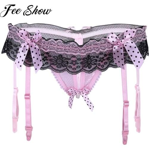 IEFiEL Women Naughty Lingerie Crotchless Sissy Panties Pearl Chain Ruffle Lace Open Crotch G-string Briefs Underwear with Garter